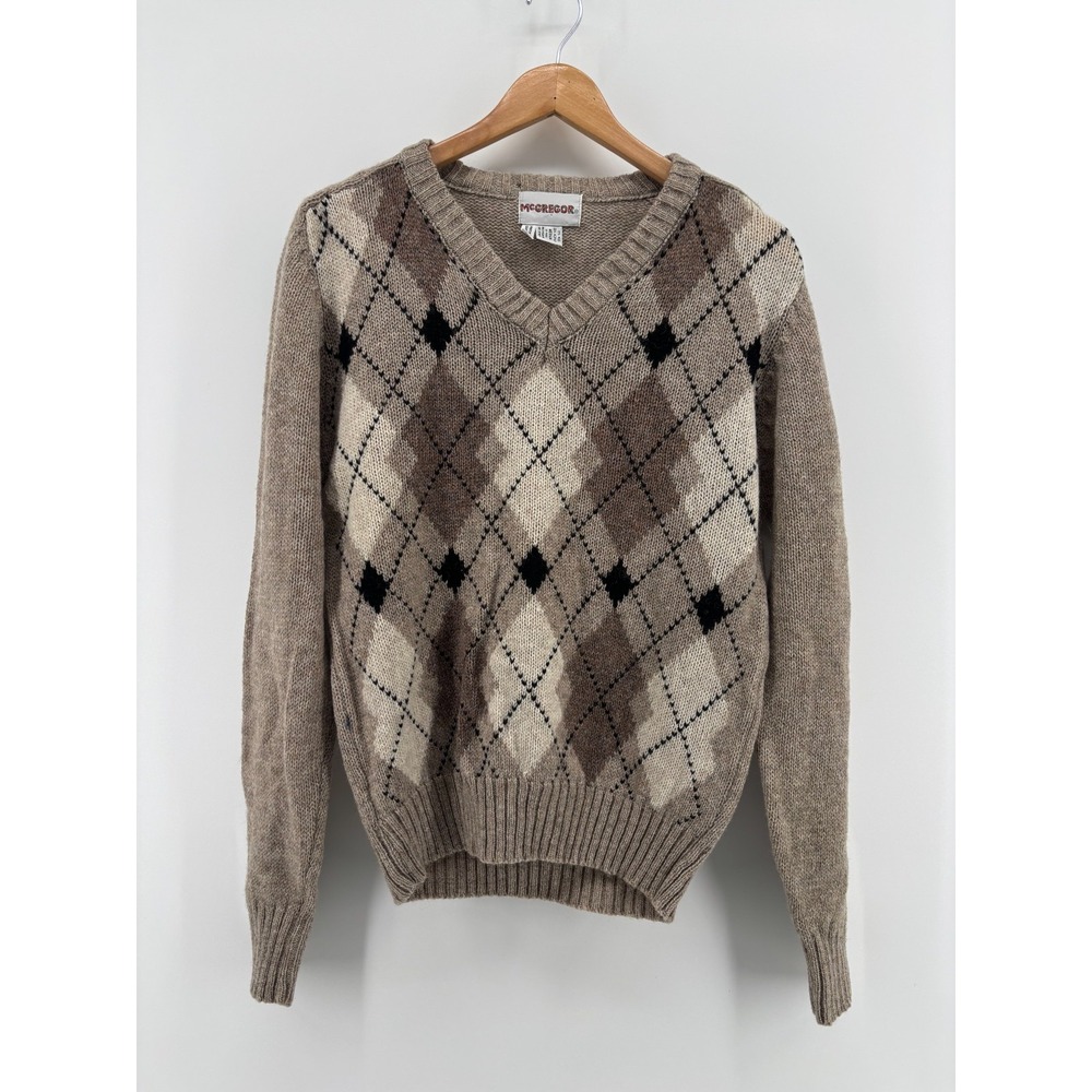 McGregor Pullover Sweater Womens Medium Brown Argyle V-Neck Wool Blend Vintage